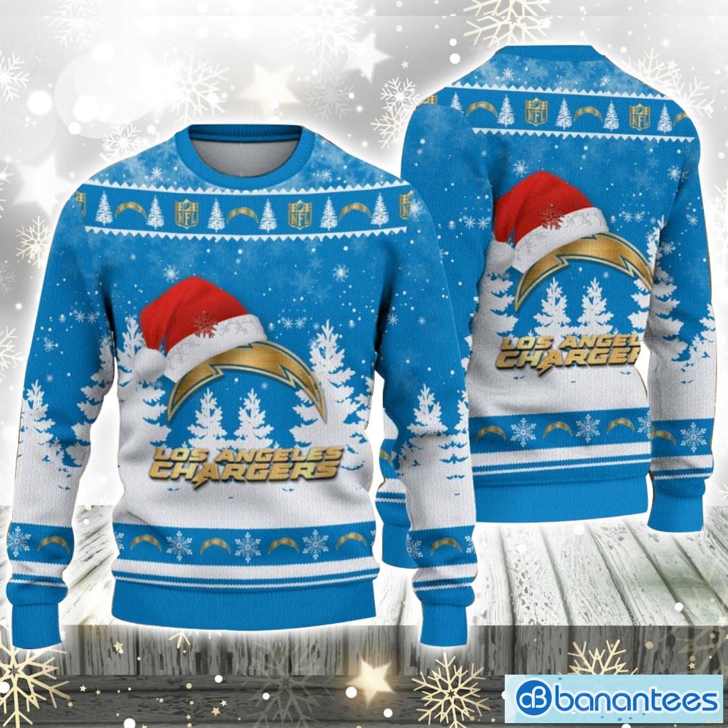 los angeles chargers logo wearing santa hat christmas gift ugly christmas sweater for men and women gift image Los Angeles Chargers Logo Wearing Santa Hat Christmas Gift Ugly Christmas Sweater For Men And Women Gift Product Photo 1