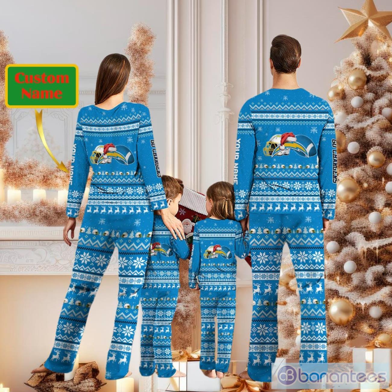 los angeles chargers team custom name christmas pajamas for fans 1 image Los Angeles Chargers Team Custom Name Christmas Pajamas For Fans Product Photo 2