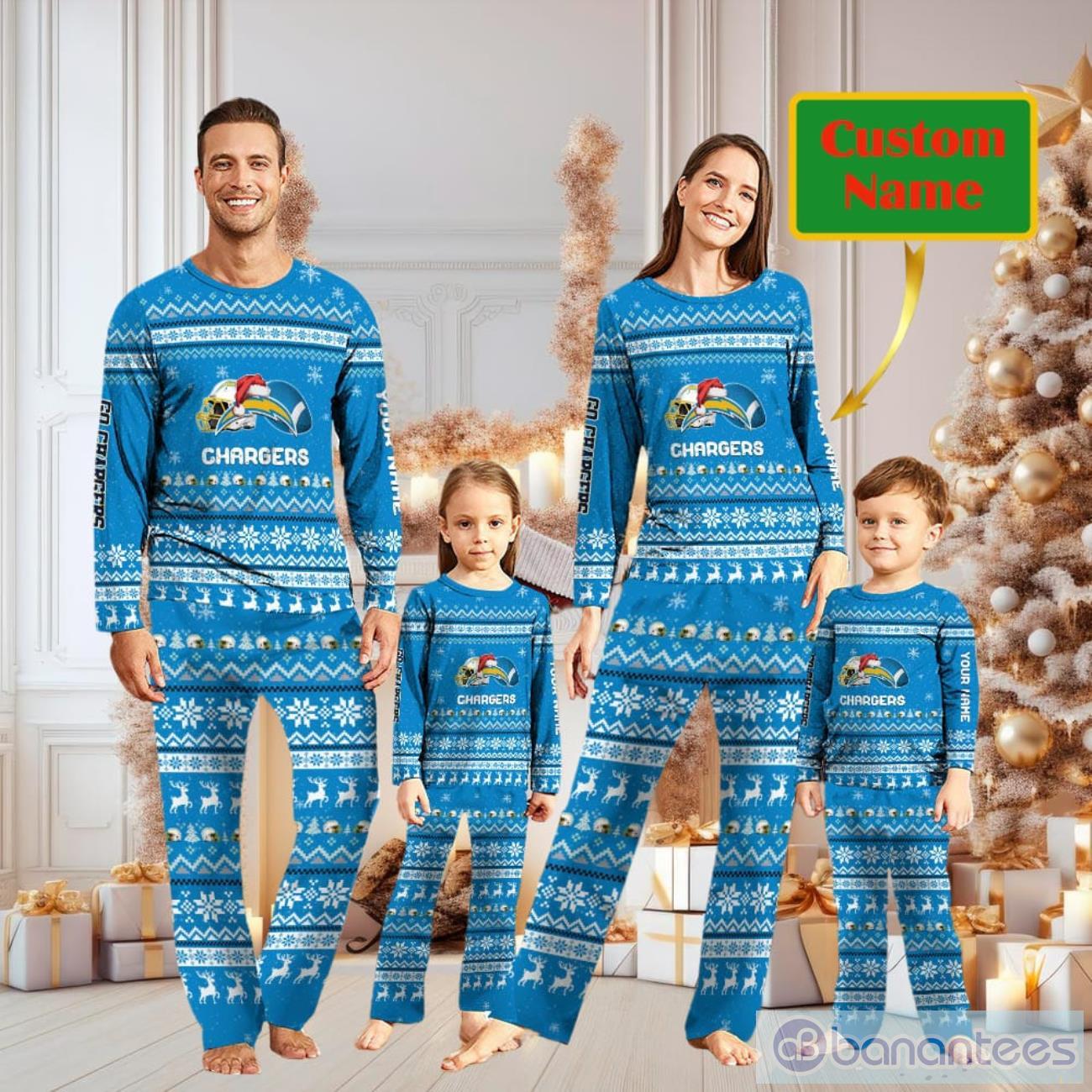 los angeles chargers team custom name christmas pajamas for fans image Los Angeles Chargers Team Custom Name Christmas Pajamas For Fans Product Photo 1