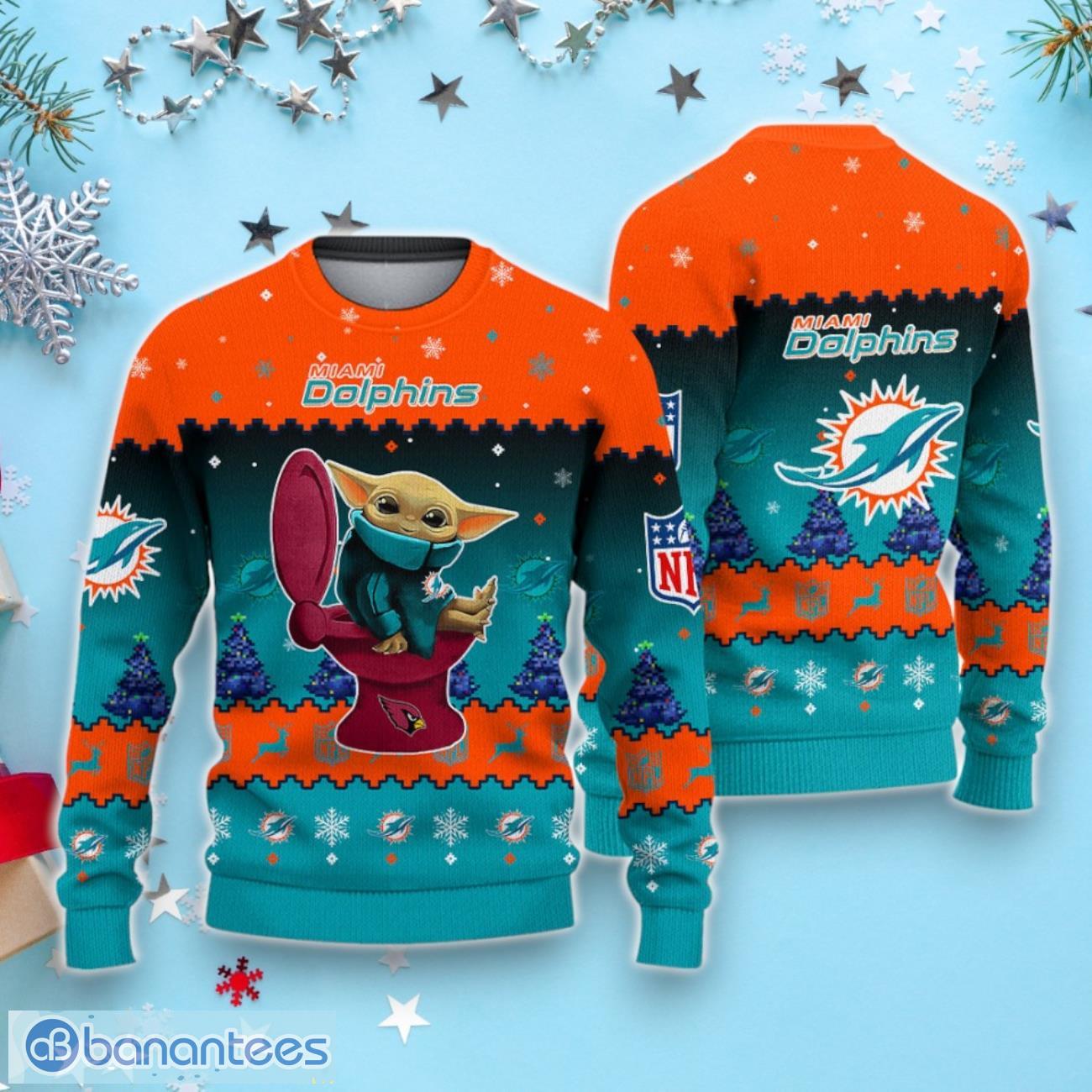 miami dolphins nfl funny baby yoda ugly christmas sweater for fans image Miami Dolphins NFL Funny Baby Yoda Ugly Christmas Sweater For Fans Product Photo 1