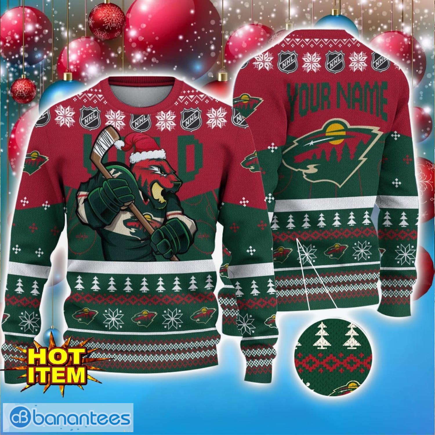minnesota wild 3d ugly christmas sweater christmas holiday gift for men and women custom name image Minnesota Wild 3D Ugly Christmas Sweater Christmas Holiday Gift For Men And Women Custom Name Product Photo 1