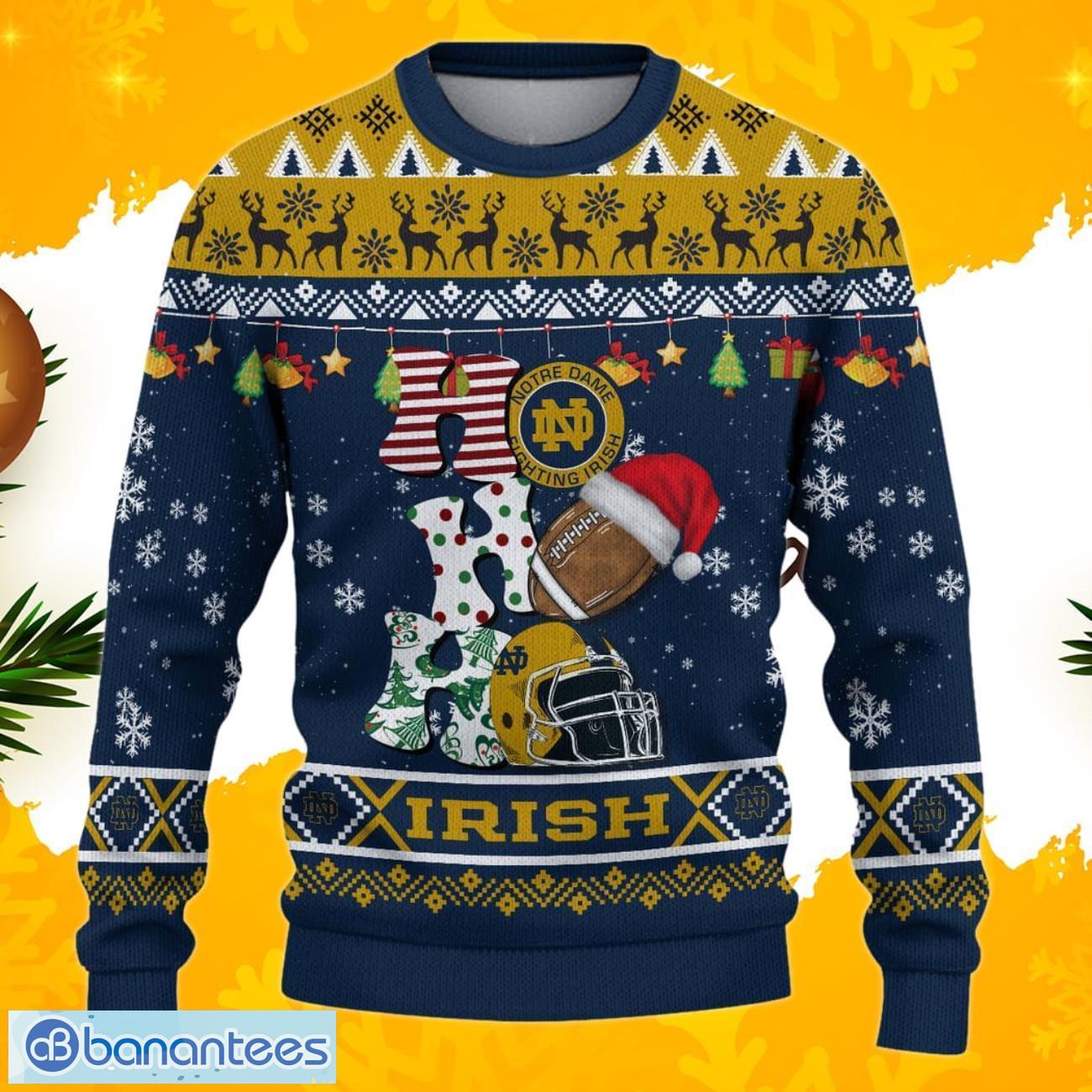 ncaa notre dame fighting irish ho ho ho ugly christmas sweater custom name 1 image NCAA Notre Dame Fighting Irish HO HO HO Ugly Christmas Sweater Custom Name Product Photo 2