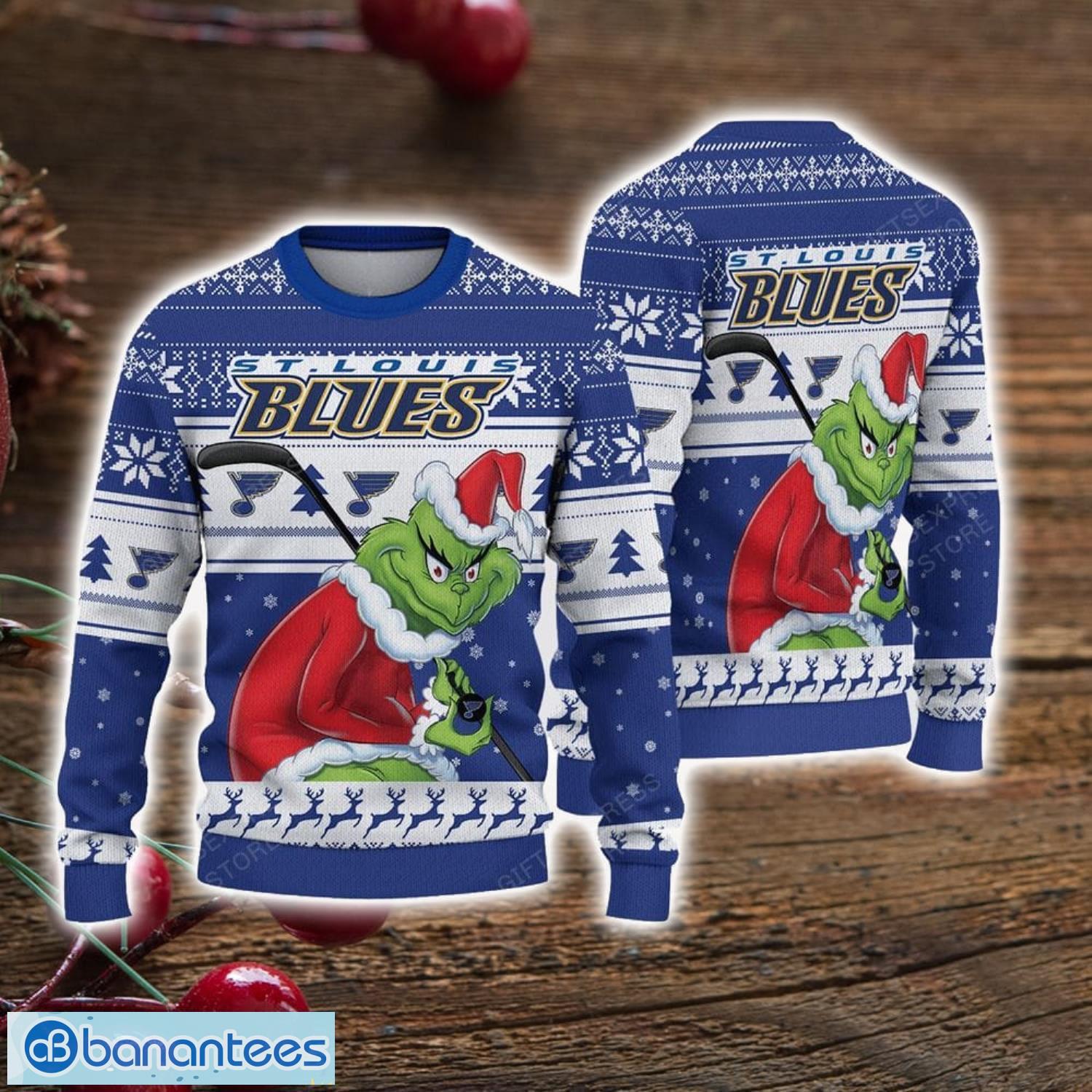 The Grinch x St Louis Blues NHL Santa Hat Ugly Christmas Sweater