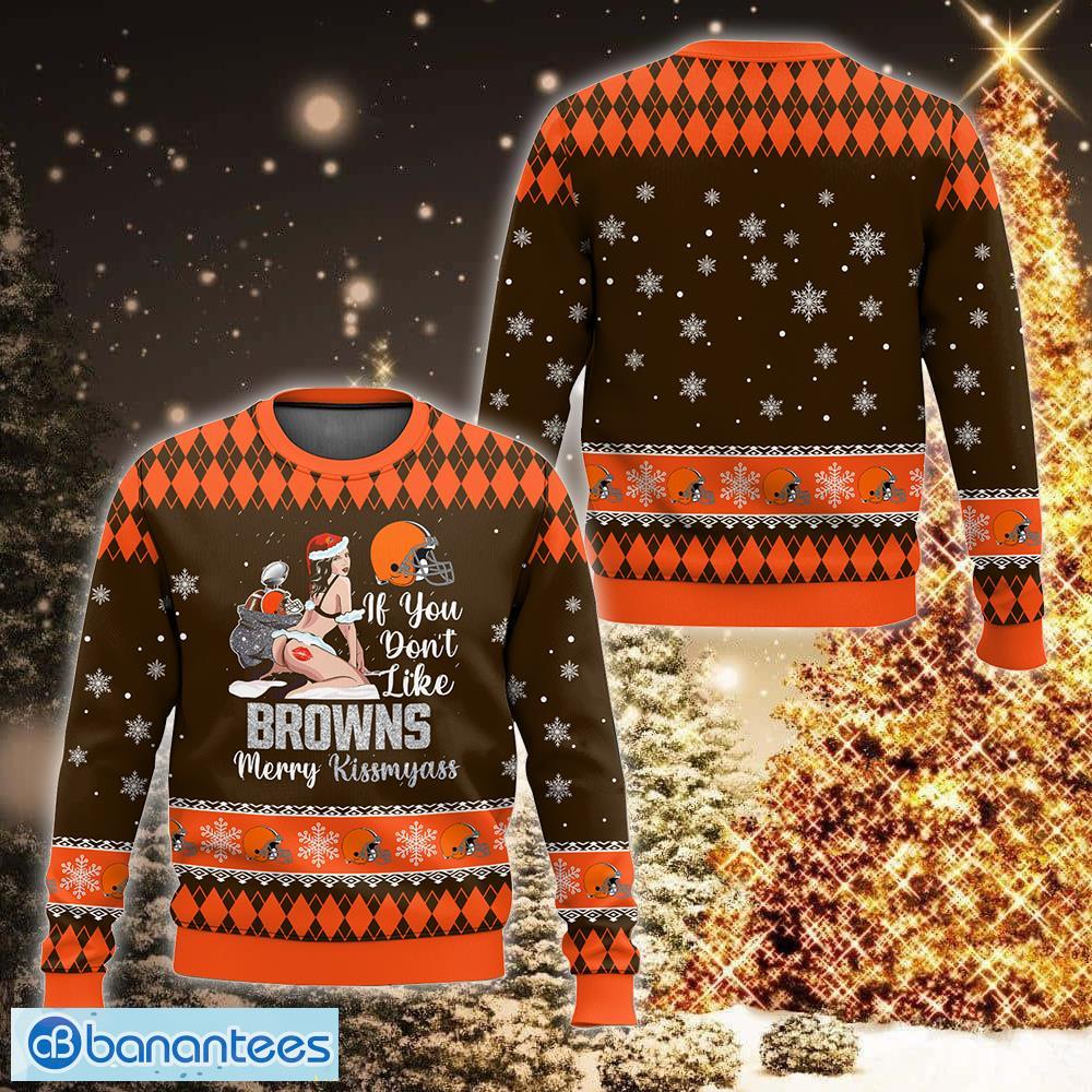 NFL Cleveland Browns Kissmyass Snow Knitted Sweater Snow For Christmas - NFL Cleveland Browns Kissmyass Ugly Christmas Sweater For Men And Women Photo 1