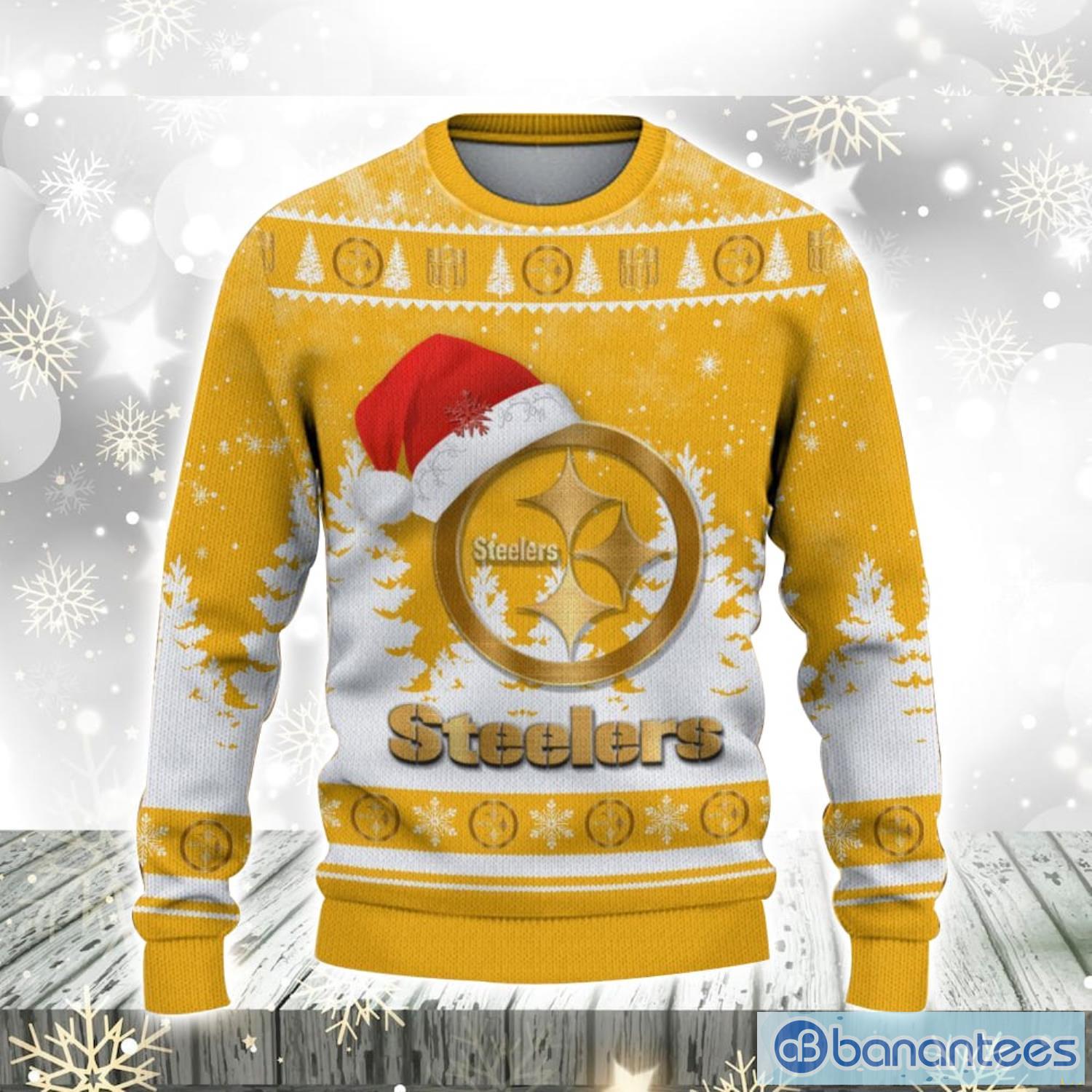 pittsburgh steelers logo wearing santa hat christmas gift ugly christmas sweater for men and women gift 1 image Pittsburgh Steelers Logo Wearing Santa Hat Christmas Gift Ugly Christmas Sweater For Men And Women Gift Product Photo 2