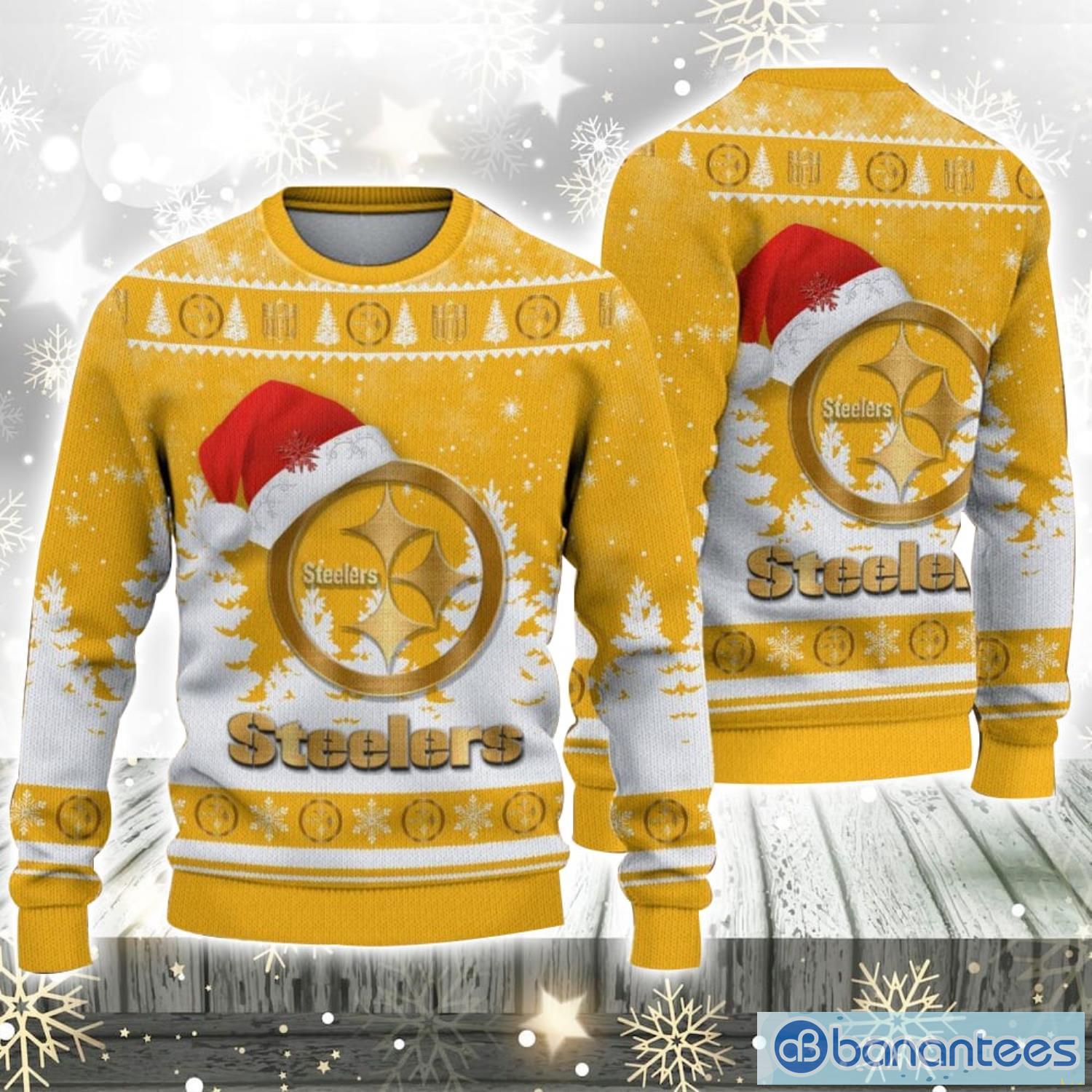 pittsburgh steelers logo wearing santa hat christmas gift ugly christmas sweater for men and women gift image Pittsburgh Steelers Logo Wearing Santa Hat Christmas Gift Ugly Christmas Sweater For Men And Women Gift Product Photo 1