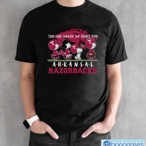 Snoopy And Woodstock Peanuts The One Where We Root For Arkansas Razorbacks Shirt - Black Unisex T-Shirt