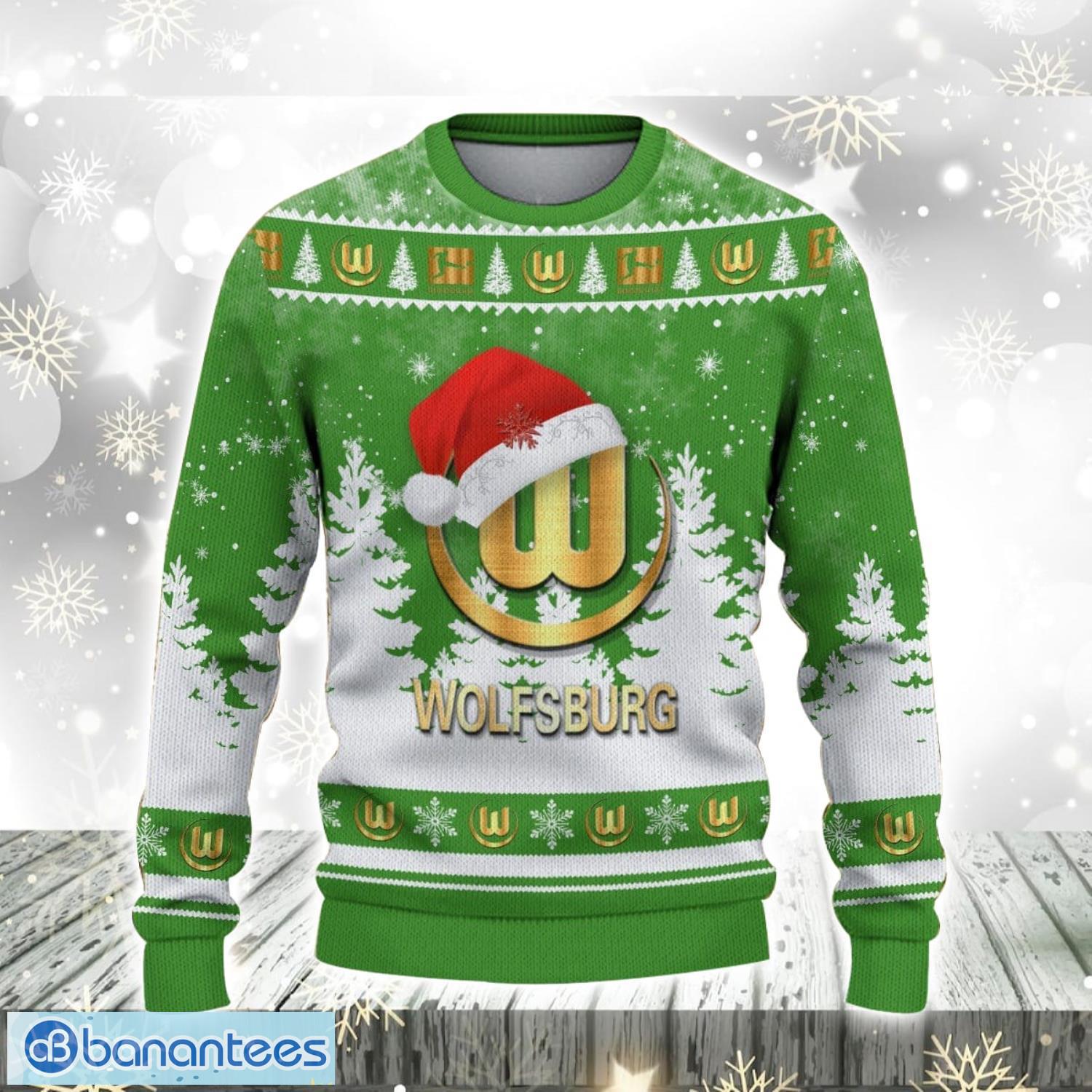 vfl wolfsburg logo wearing santa hat ugly christmas sweater christmas gift 3d sweater 1 image VfL Wolfsburg Logo Wearing Santa Hat Ugly Christmas Sweater Christmas Gift 3D Sweater Product Photo 2