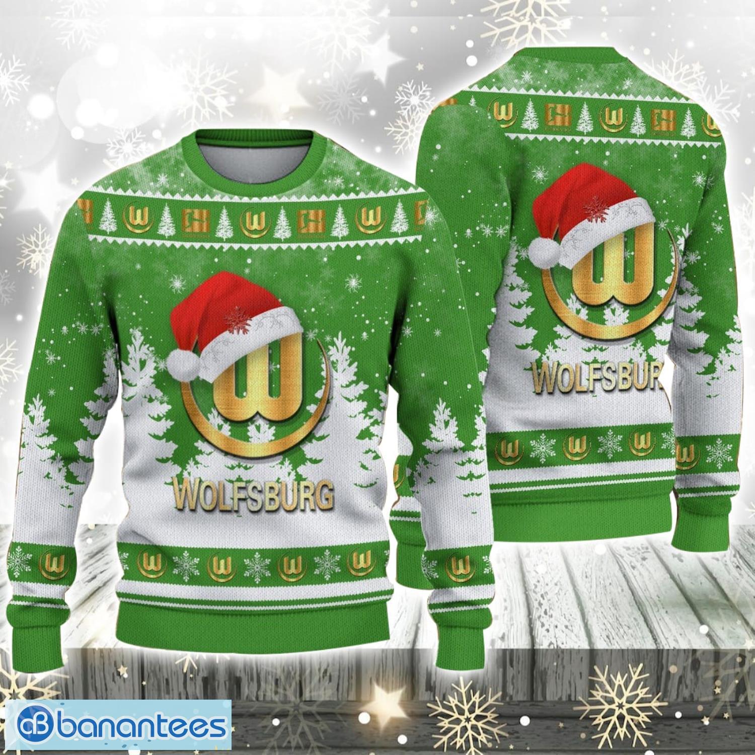 vfl wolfsburg logo wearing santa hat ugly christmas sweater christmas gift 3d sweater image VfL Wolfsburg Logo Wearing Santa Hat Ugly Christmas Sweater Christmas Gift 3D Sweater Product Photo 1