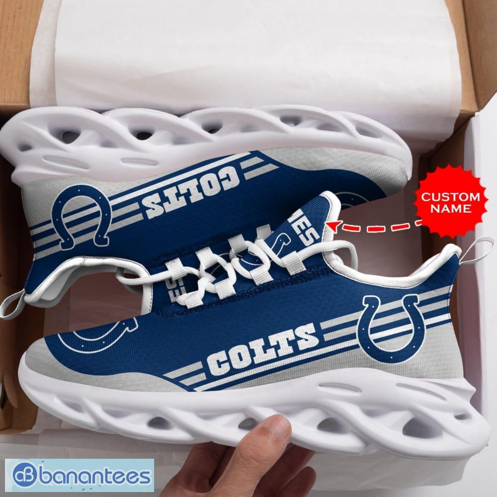 Indianapolis Colts Logo Stripe Pattern Custom Name 3D Max Soul Sneakers In Blue And Gray Fans Gift Sports Shoes - Indianapolis Colts Logo Stripe Pattern Custom Name 3D Max Soul Sneaker Shoes In Blue And Gray_1