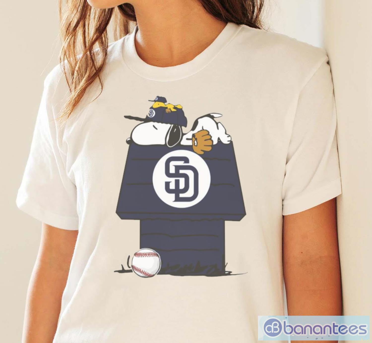 mlb san diego padres snoopy woodstock the peanuts movie baseball t shirt image MLB San Diego Padres Snoopy Woodstock The Peanuts Movie Baseball T Shirt - White Ladies T-Shirt