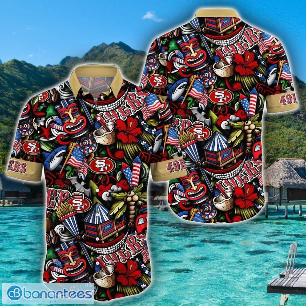 nfl san francisco 49ers hawaiian shirt tiki funny gift aloha shirt image NFL San Francisco 49ers Hawaiian Shirt Tiki Funny Gift Aloha Shirt Product Photo 1