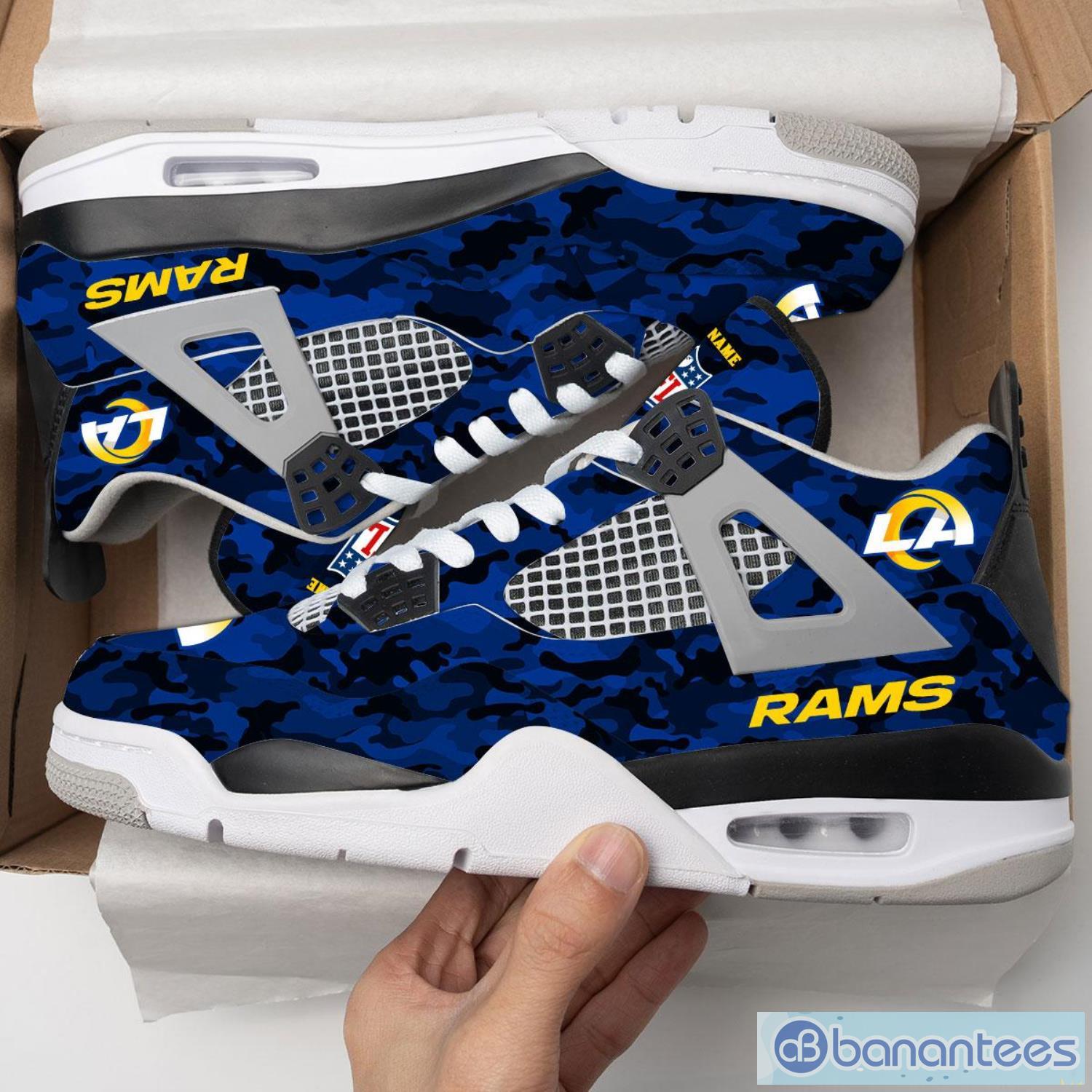 Personalized Name Los Angeles Rams Camo Personalized Air Jordan 4 Sneakers ShoesLogo Sport Team Shoes Product Photo 1