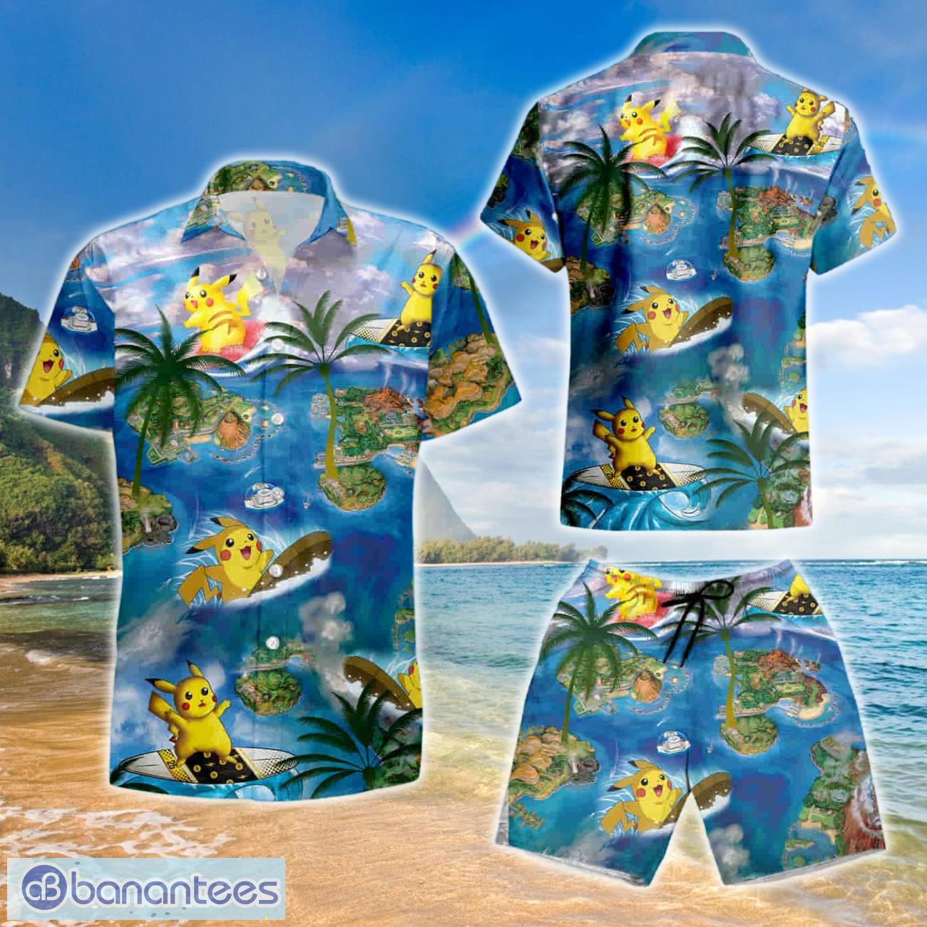pikachu surfing hawaiian shirt and short image Pikachu Surfing Hawaiian Shirt And Short Product Photo 1