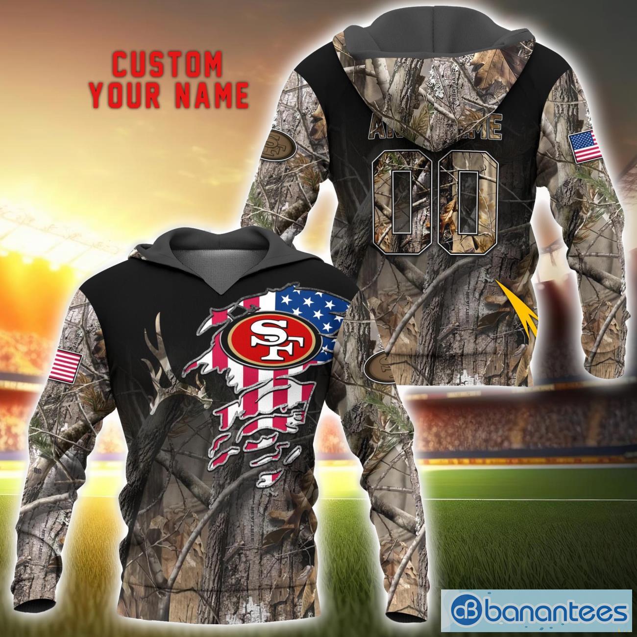 San Francisco 49ers NFL Hunting Pattern Design Custom Name And Number 3D T Shirt Hoodie Sweatshirt Product Photo 1