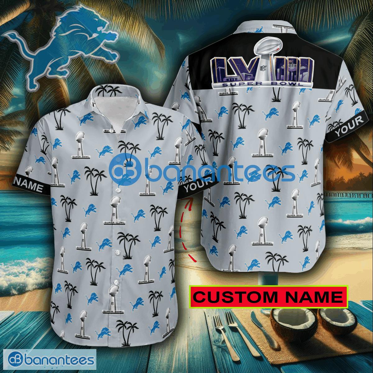 Super Bowl LVIII Detroit Lions Grey Souvenir New Aloha Hawaiian Shirt For Men And Women Custom Name - Super Bowl LVIII Detroit Lions Grey Souvenir New Aloha Hawaiian Shirt For Men And Women Custom Name