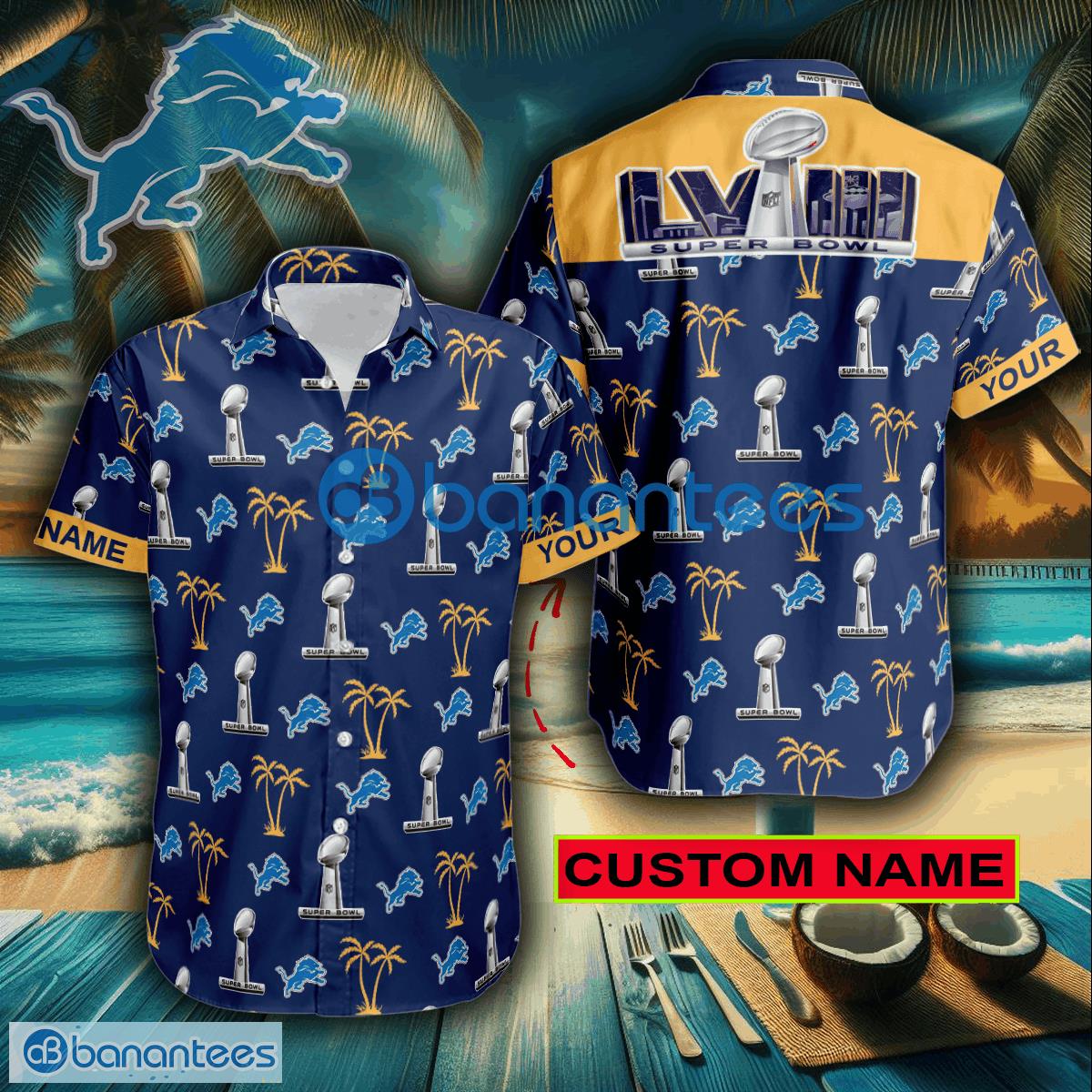 Super Bowl LVIII Detroit Lions Navy Bulk 3D Hawaiian Shirt Gift For Fans Custom Name - Super Bowl LVIII Detroit Lions Navy Bulk 3D Hawaiian Shirt Gift For Fans Custom Name