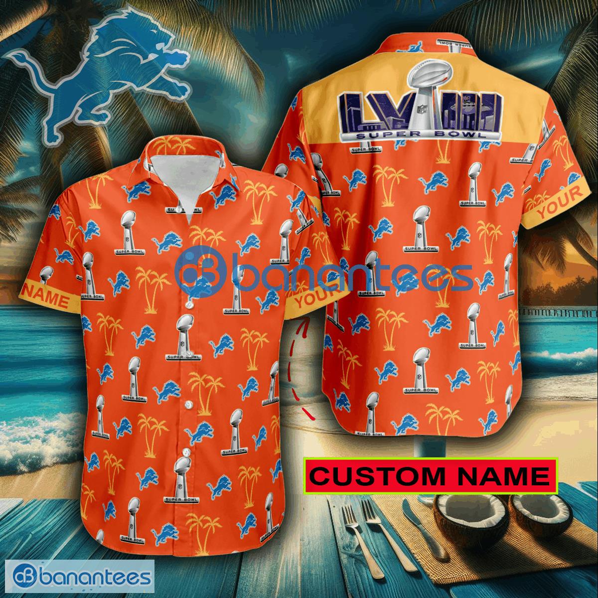 Super Bowl LVIII Detroit Lions Orange Island Logo AOP Hawaiian Shirt For Summer Custom Name - Super Bowl LVIII Detroit Lions Orange Island Logo AOP Hawaiian Shirt For Summer Custom Name