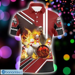 Custom Name Flame Bowling Ball And Pins Red Polo Shirt For Men And Women Product Photo 1