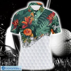 Custom Name Green Tropical Plants And Flowers Pattern Mens Golf Polo Shirt For Men And Women Product Photo 1