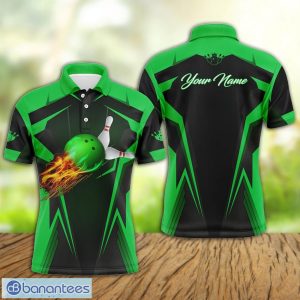 Custom Name Men Bowling Polo Shirt Flame Bowling Ball And Pins Green Polo Shirt For Men And Women Product Photo 1