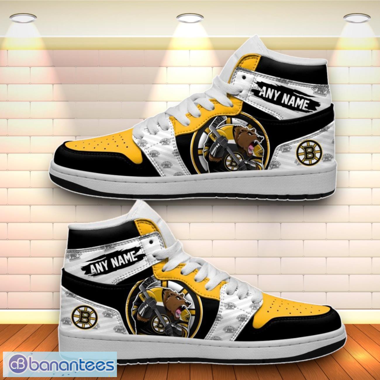 boston bruins custom name air jordan high top shoes sneakers image Boston Bruins Custom Name Air Jordan High Top Shoes Sneakers Product Photo 1