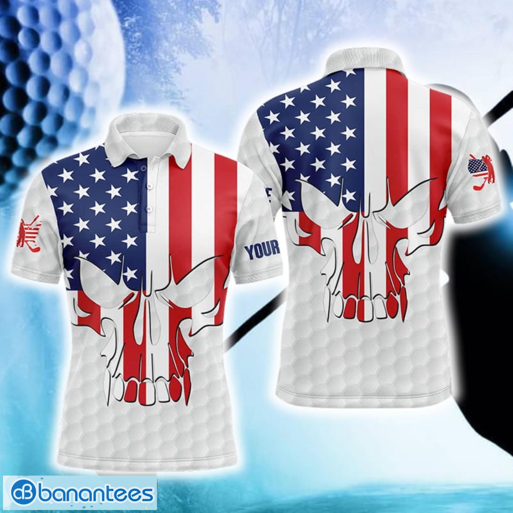 custom name american flag and skull all over print white aop print golf shirt polo shirt image Custom Name American Flag And Skull All Over Print White AOP Print Golf Shirt Polo Shirt Product Photo 1