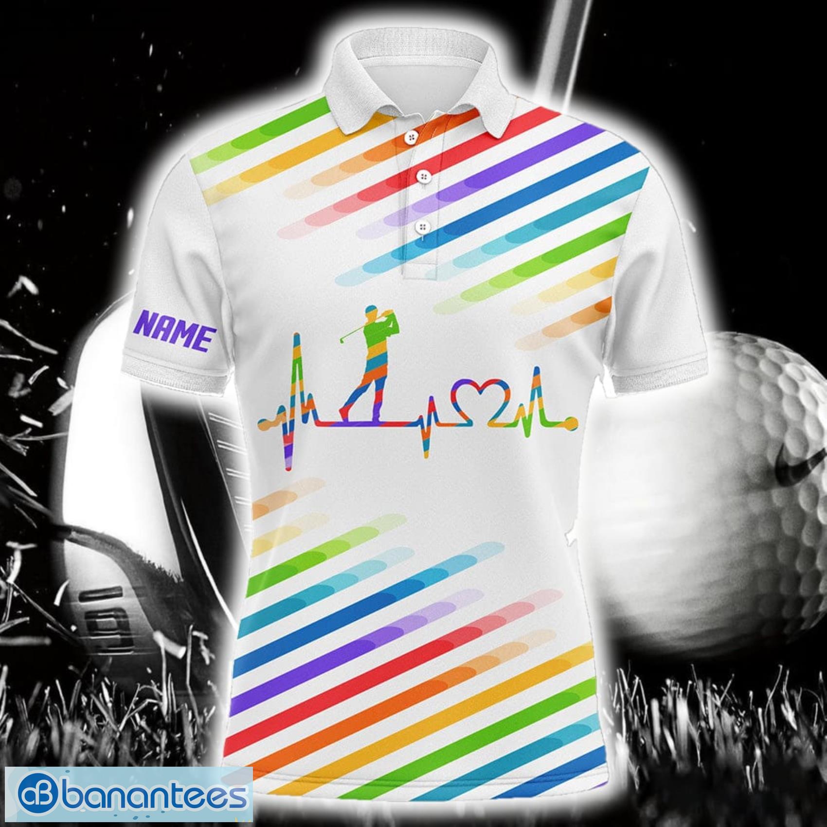 custom name colorful rainbow golf heartbeat tournament golf polo shirt for men and women image Custom Name Colorful Rainbow Golf Heartbeat Tournament Golf Polo Shirt For Men And Women Product Photo 1