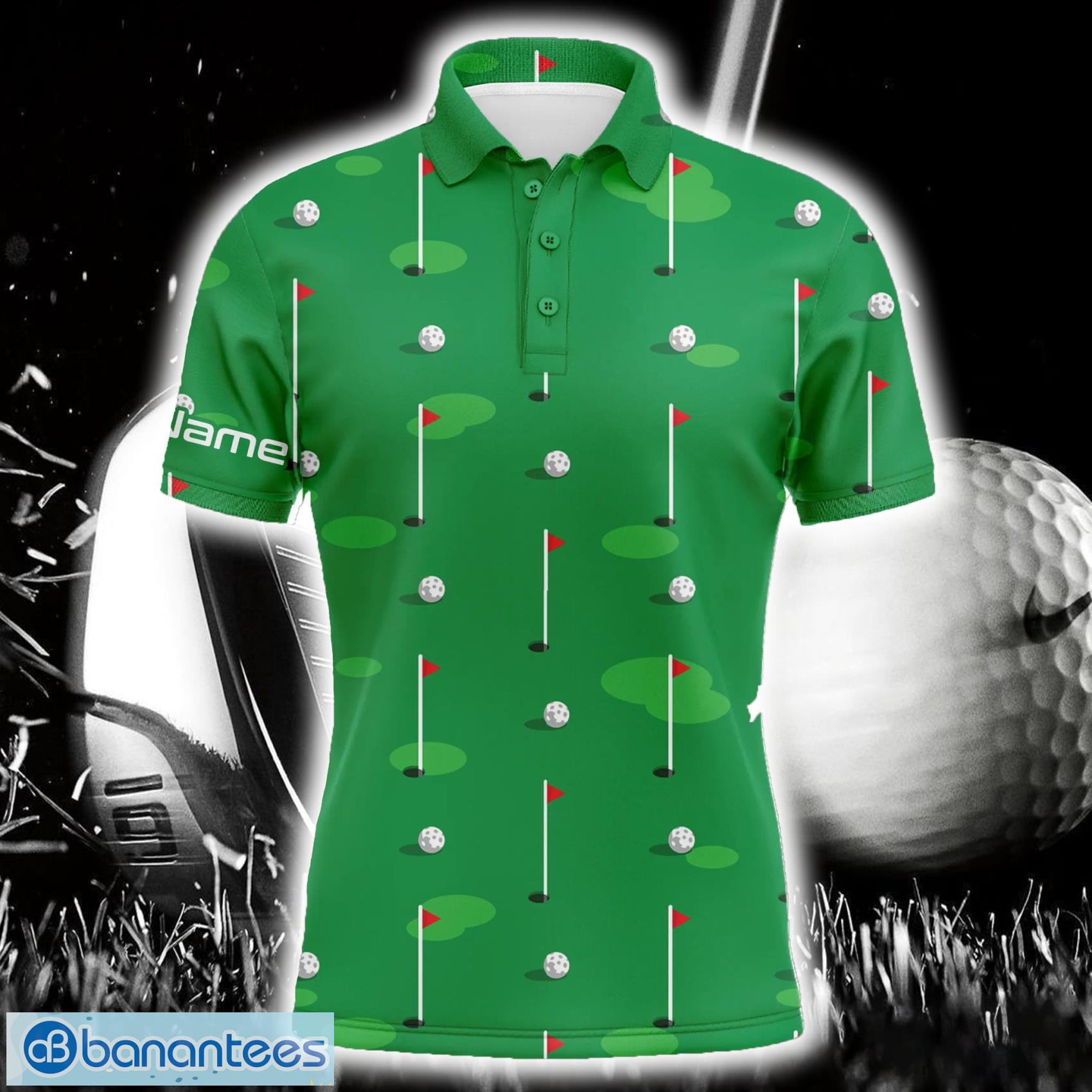 custom name golf flag and balls green golf course pattern golf polo shirts for men image Custom Name Golf Flag And Balls Green Golf Course Pattern Golf Polo Shirts For Men Product Photo 1