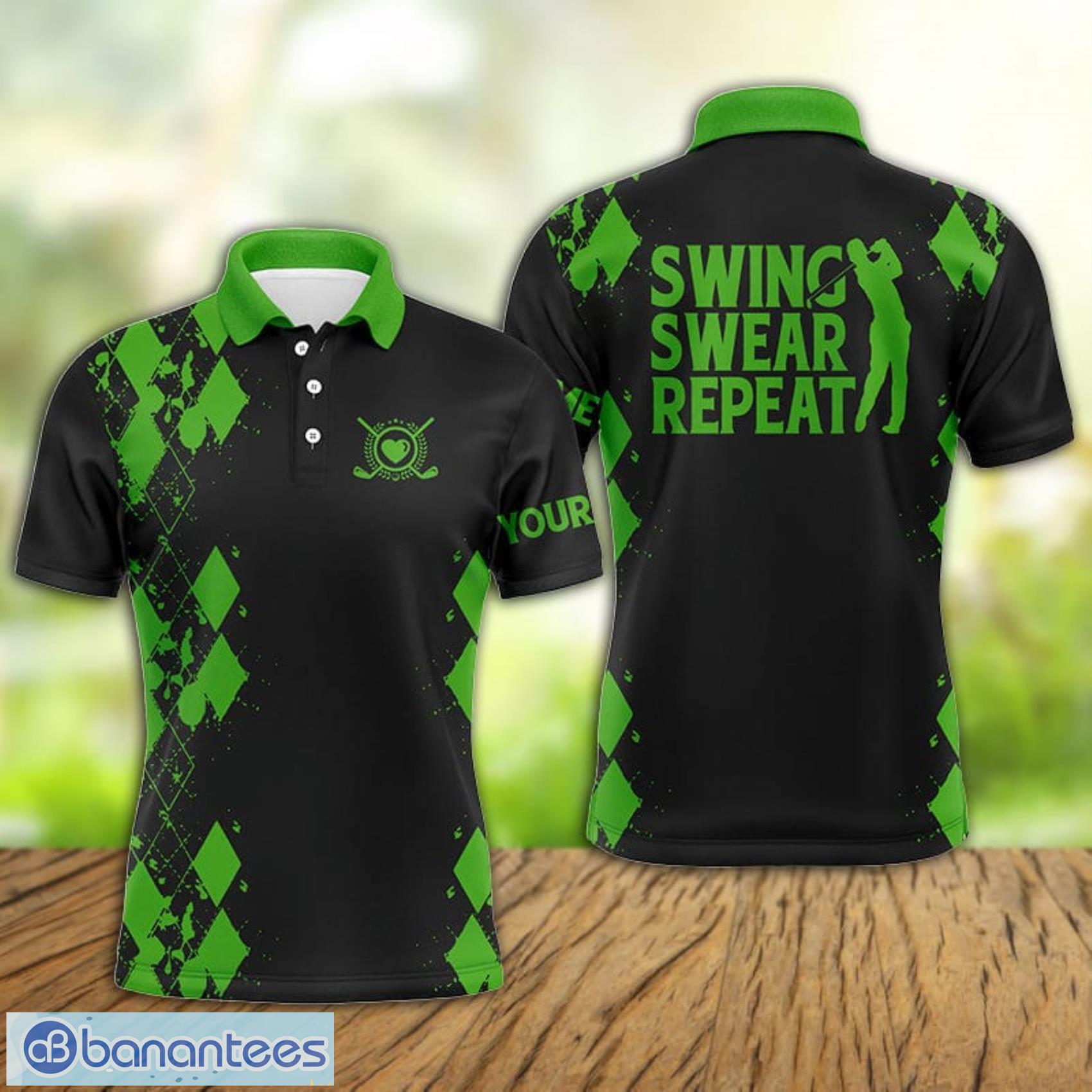 custom name swing swear repeat black golf green polo shirt for men and women image Custom Name Swing Swear Repeat Black Golf Green Polo Shirt For Men And Women Product Photo 1