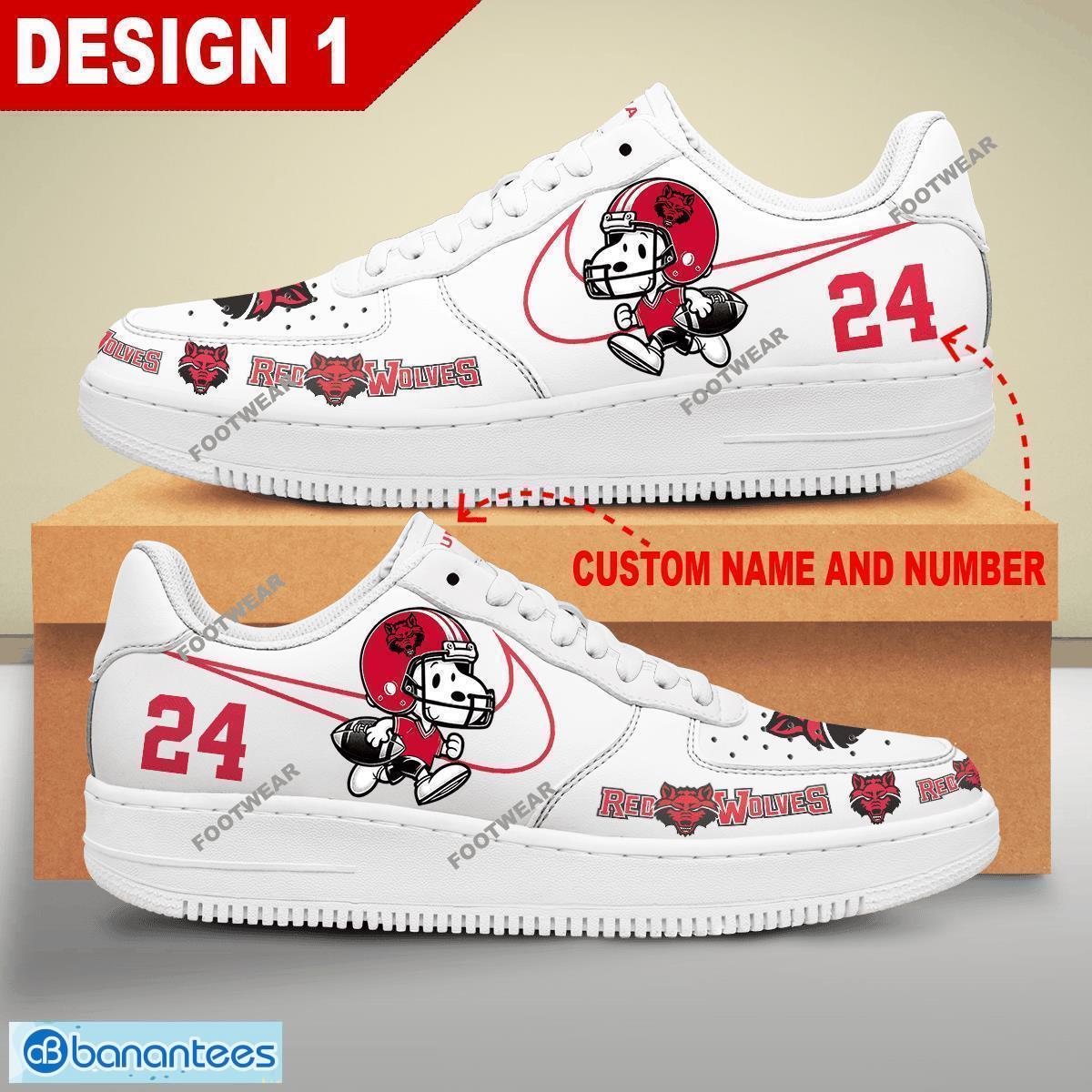 Custom Number And Name NCAA Arkansas State Red Wolves Snoopy Play Funny Football Air Force 1 Shoes Multiple Design - NCAA Arkansas State Red Wolves Snoopy Play Football Personalized Air Force 1 Shoes Design 1