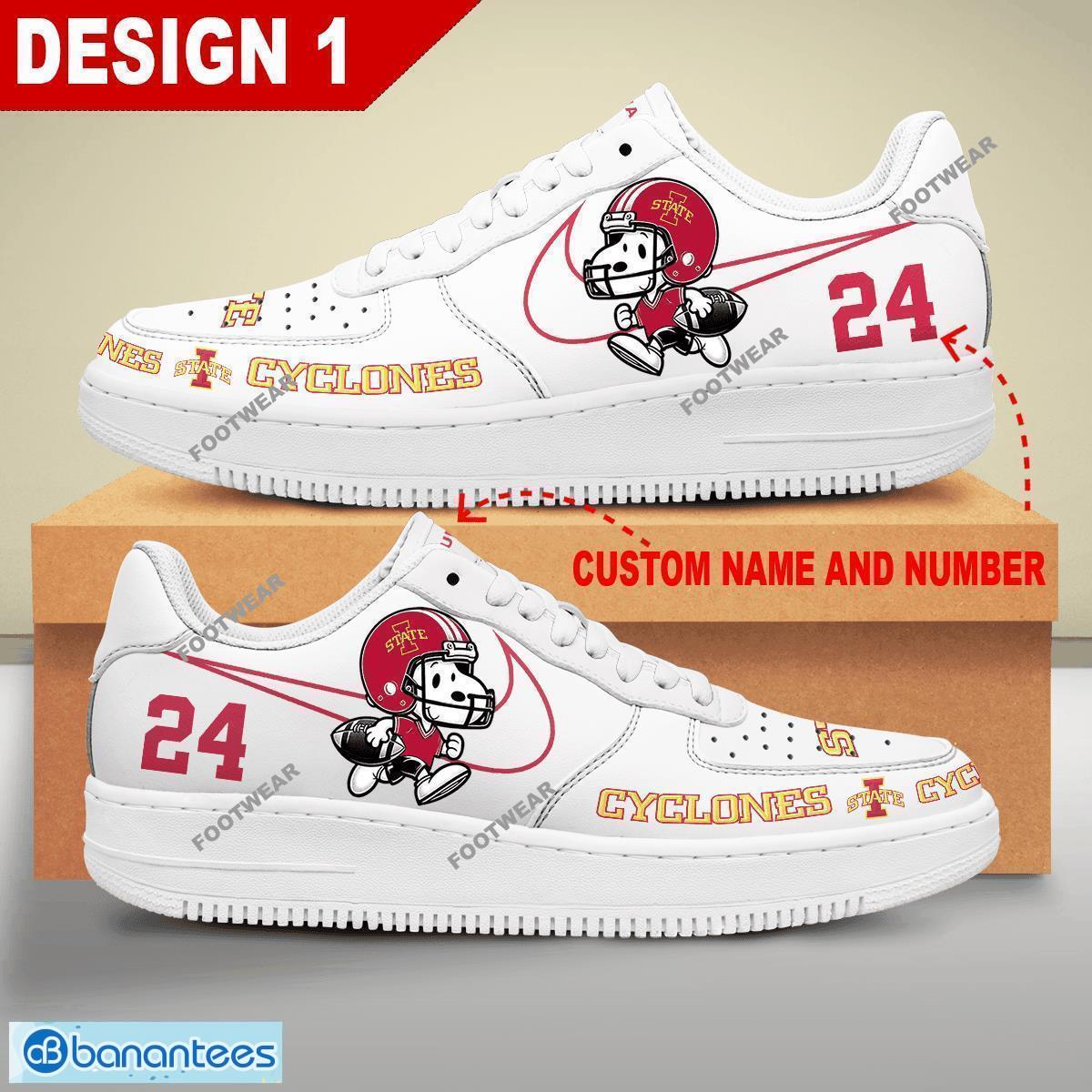 Custom Number And Name NCAA Iowa State Cyclones Snoopy Play Funny Football Air Force 1 Shoes Multiple Design - NCAA Iowa State Cyclones Snoopy Play Football Personalized Air Force 1 Shoes Design 1