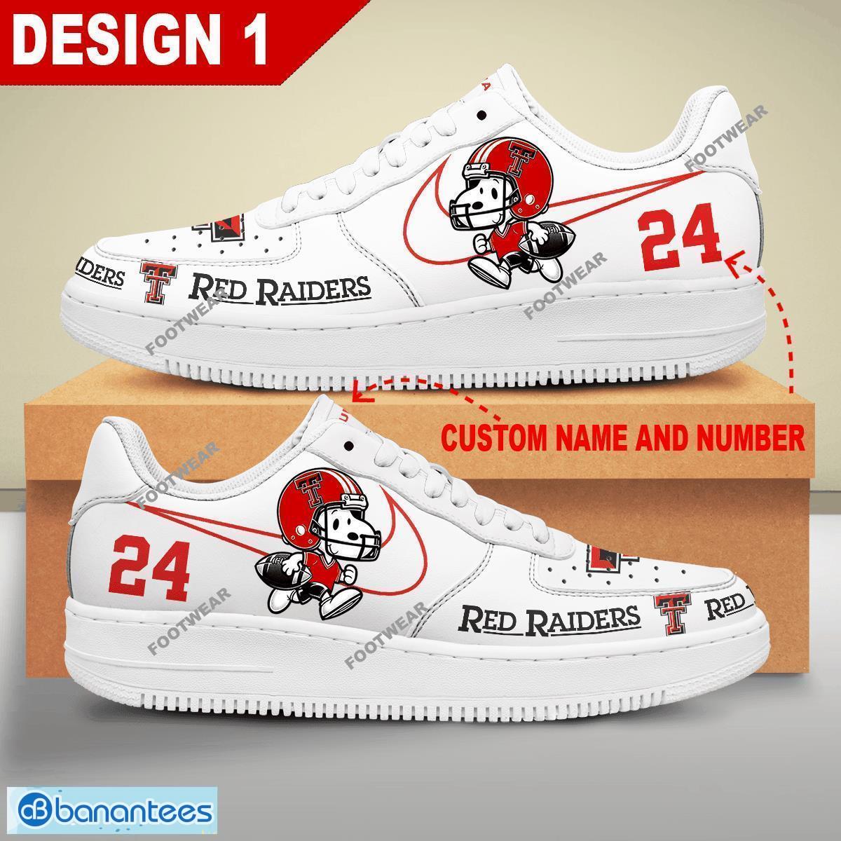 Custom Number And Name NCAA Texas Tech Red Raiders Snoopy Play Funny Football Air Force 1 Shoes Multiple Design - NCAA Texas Tech Red Raiders Snoopy Play Football Personalized Air Force 1 Shoes Design 1
