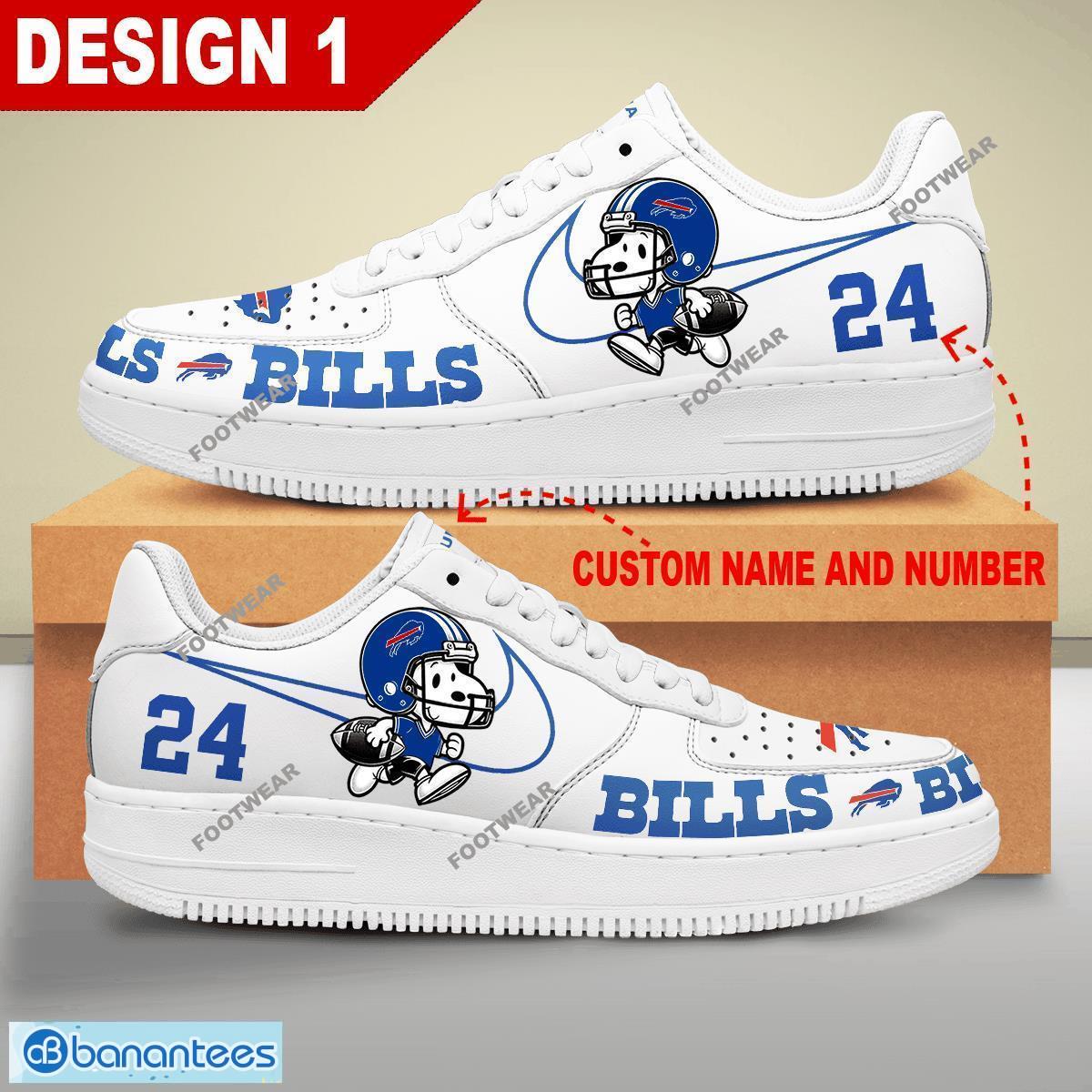 Custom Number And Name NFL Buffalo Bills Snoopy Play Funny Football Air Force 1 Shoes Multiple Design - NFL Buffalo Bills Snoopy Play Football Personalized Air Force 1 Shoes Design 1
