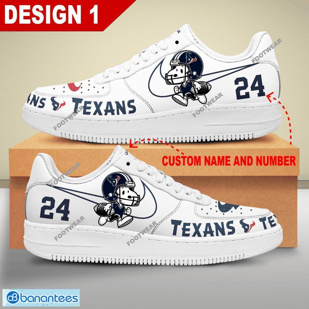 Custom Number And Name NFL Houston Texans Snoopy Play Funny Football Air Force 1 Shoes Multiple Design - NFL Houston Texans Snoopy Play Football Personalized Air Force 1 Shoes Design 1