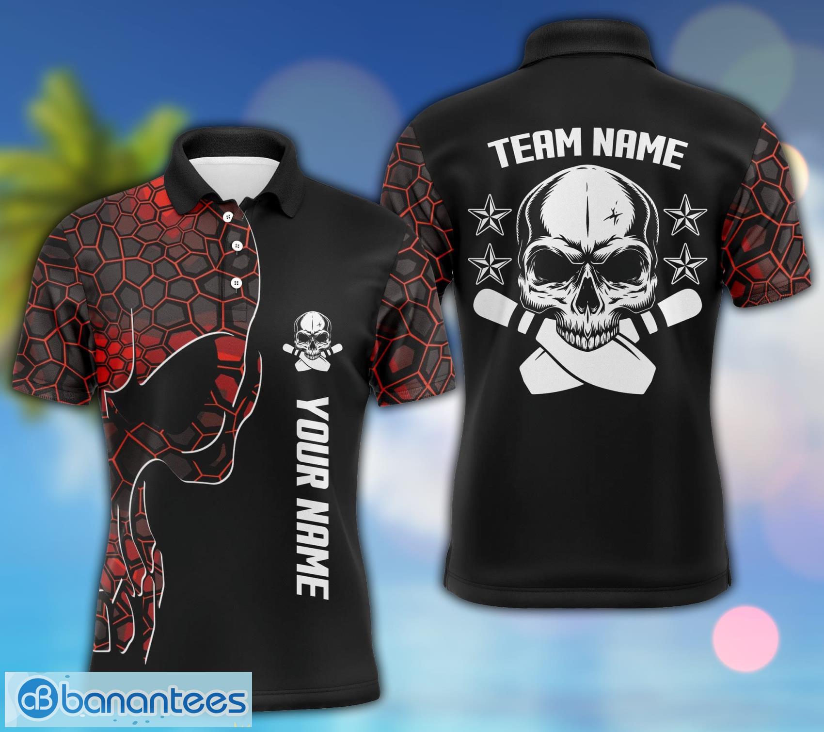 red camo black custom name skull bowling polo shirt for men and women image Red Camo Black Custom Name Skull Bowling Polo Shirt For Men And Women Product Photo 1