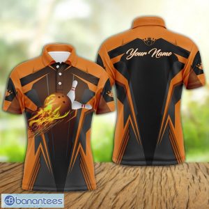 Custom Name Men Bowling Polo Shirt Flame Bowling Ball And Pins Orange Polo Shirt For Men And Women Product Photo 1