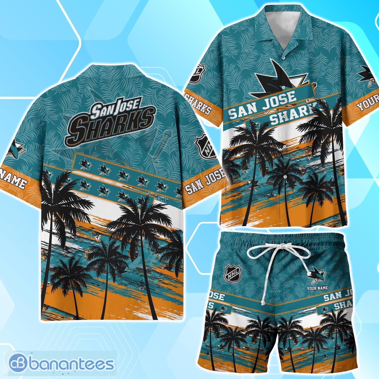 san jose sharks sport hawaiian shirt short vintage tropical custom name image San Jose Sharks Sport Hawaiian Shirt & Short Vintage Tropical Custom Name Product Photo 1