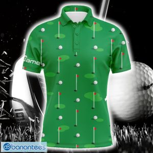 Custom Name Golf Flag And Balls Green Golf Course Pattern Golf Polo Shirts For Men Product Photo 1