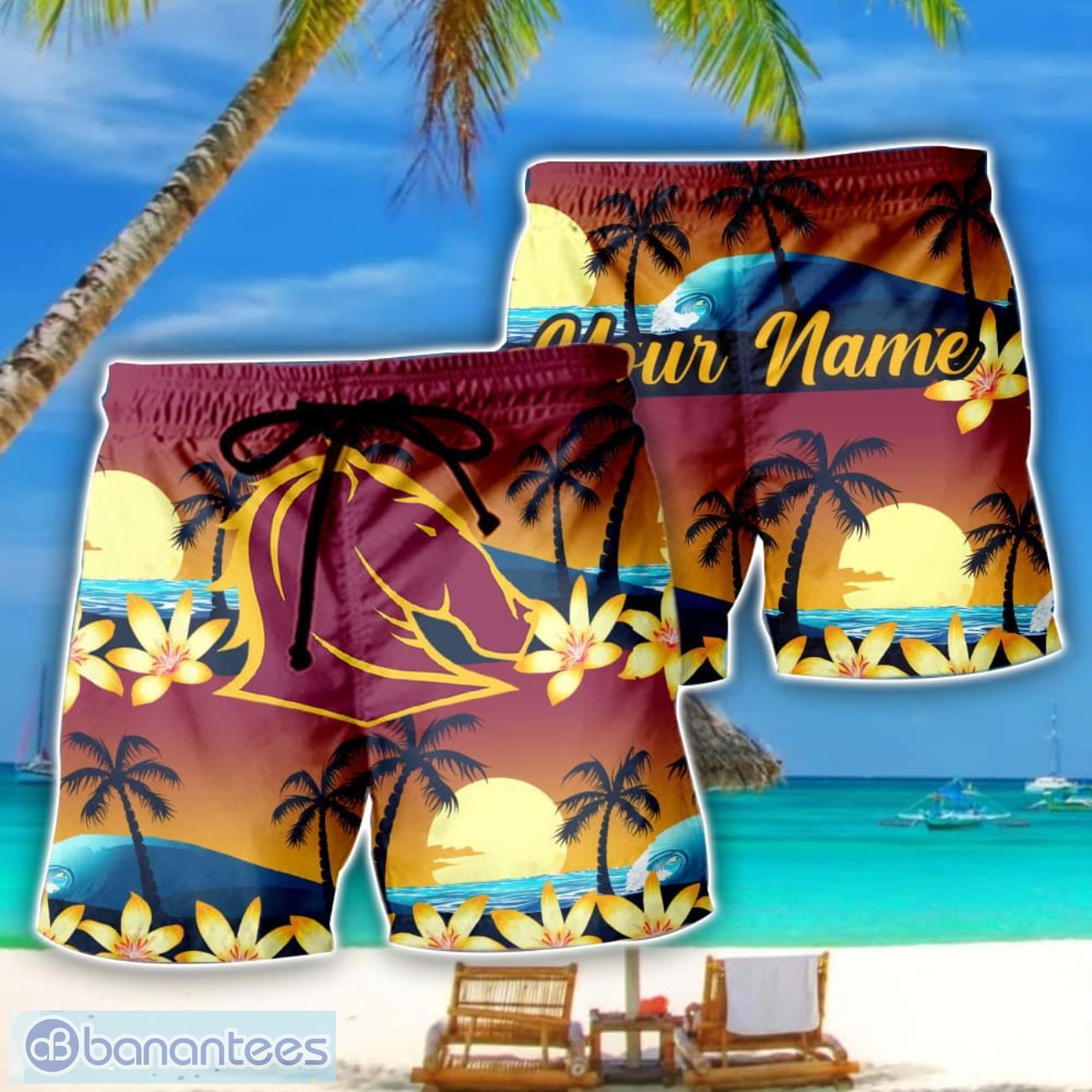 brisbane broncos nrl beach shorts personalized name image Brisbane Broncos NRL Beach Shorts Personalized Name Product Photo 1