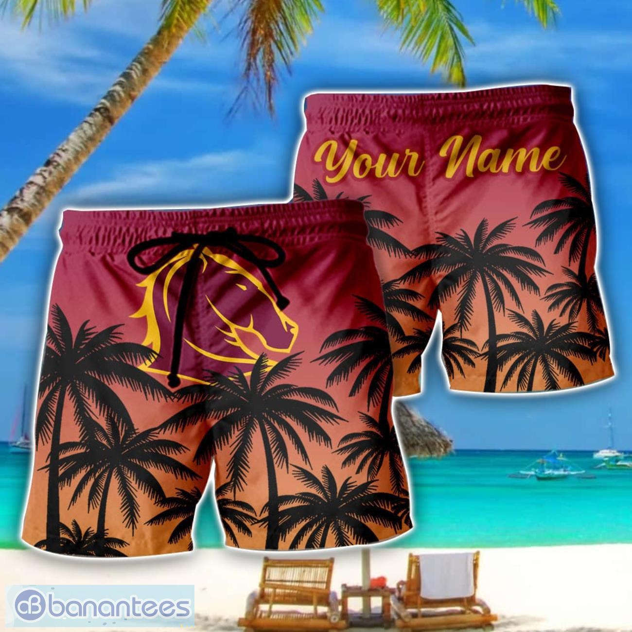 brisbane broncos nrl coconut pattern tropical beach shorts for mens personalized name image Brisbane Broncos NRL Coconut Pattern Tropical Beach Shorts For Mens Personalized Name Product Photo 1