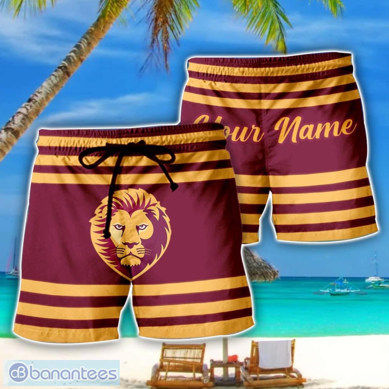 brisbane lions afl beach shorts custom name image Brisbane Lions AFL Beach Shorts Custom Name Product Photo 1