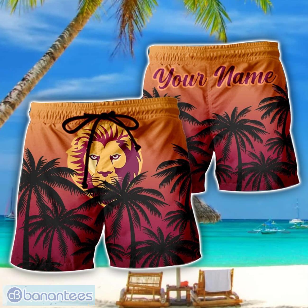 brisbane lions afl coconut pattern tropical beach shorts for mens personalized name image Brisbane Lions AFL Coconut Pattern Tropical Beach Shorts For Mens Personalized Name Product Photo 1