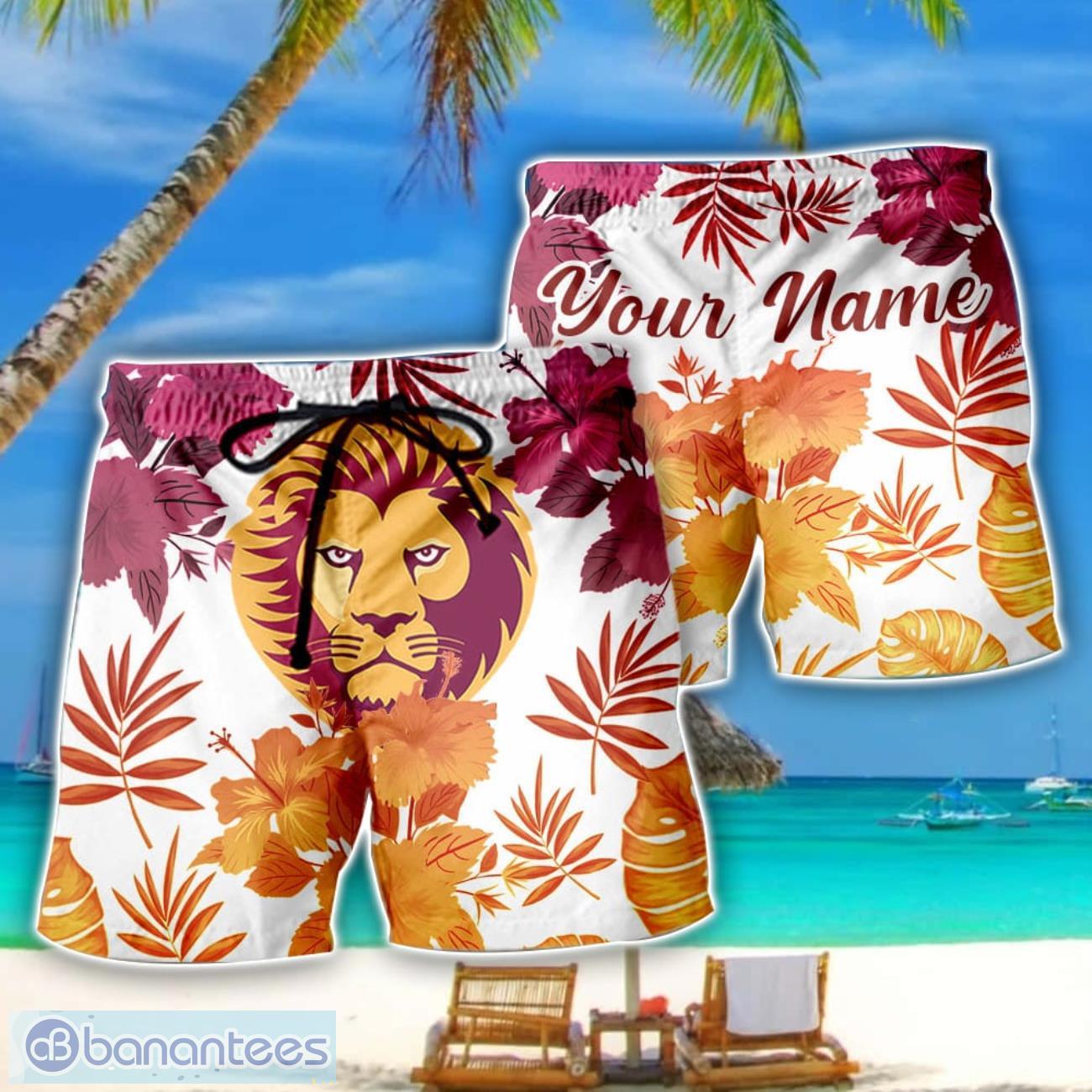 brisbane lions afl summer gift for mens personalized name beach shorts image Brisbane Lions AFL Summer Gift For Mens Personalized Name Beach Shorts Product Photo 1