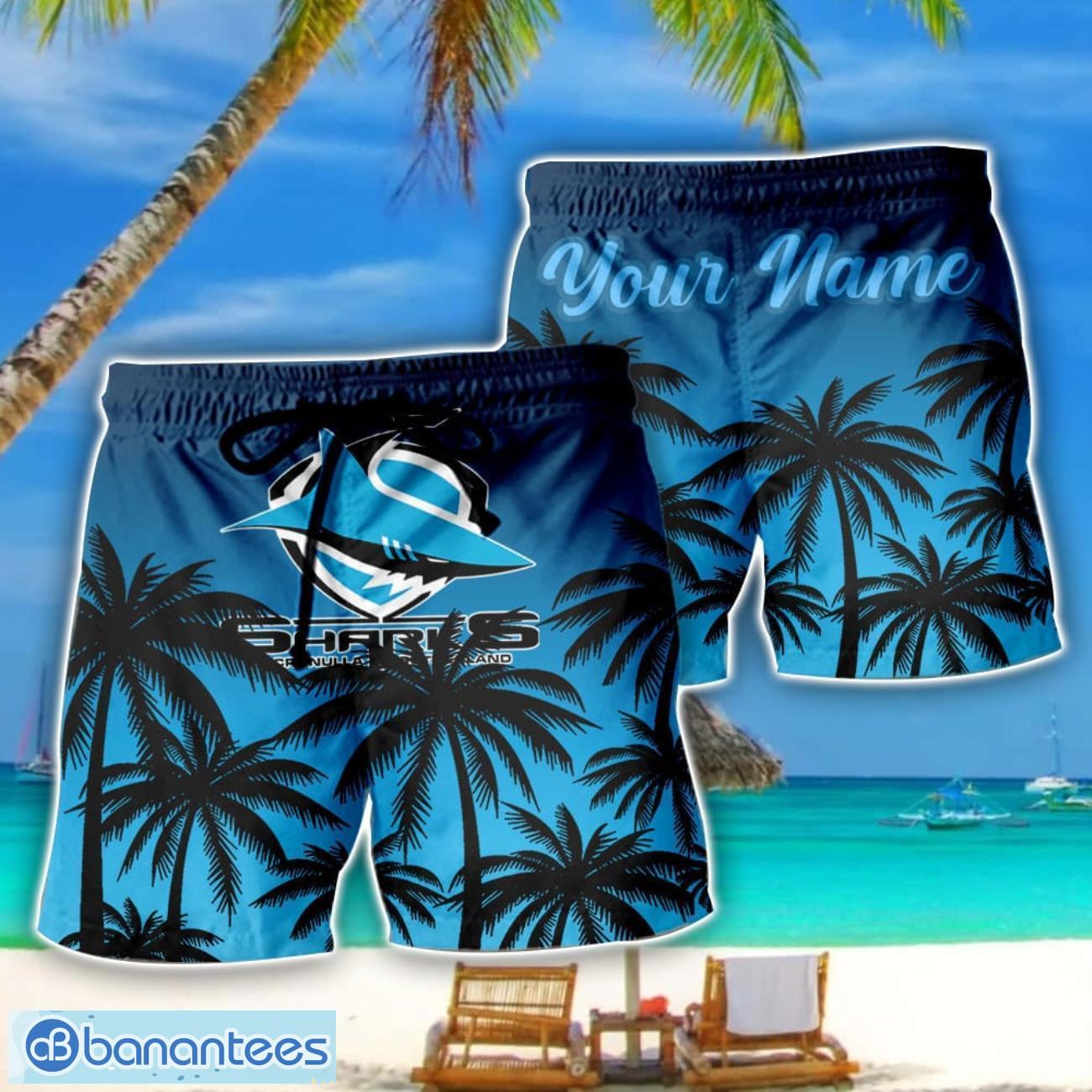 cronulla sharks nrl coconut pattern tropical beach shorts for mens personalized name image Cronulla Sharks NRL Coconut Pattern Tropical Beach Shorts For Mens Personalized Name Product Photo 1