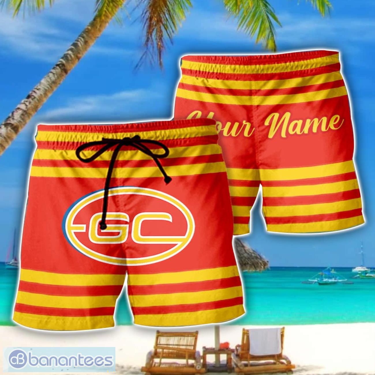 gold coast suns afl beach shorts custom name image Gold Coast Suns AFL Beach Shorts Custom Name Product Photo 1