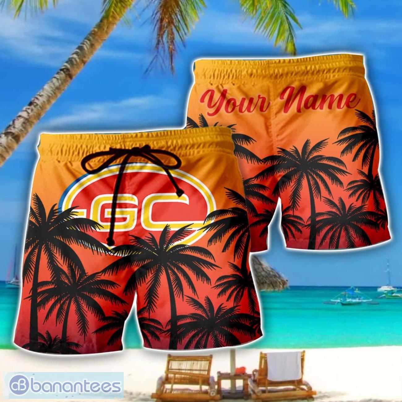 gold coast suns afl coconut pattern tropical beach shorts for mens personalized name image Gold Coast Suns AFL Coconut Pattern Tropical Beach Shorts For Mens Personalized Name Product Photo 1
