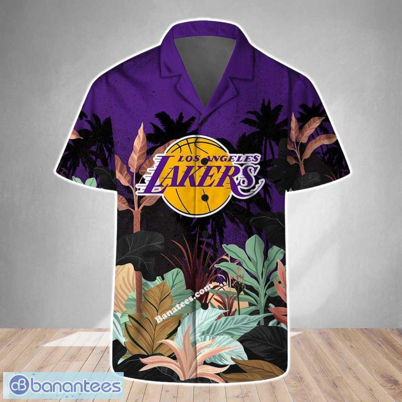los angeles lakers team logo pattern tropical hawaiian shirt and short for men women 1 image Los Angeles Lakers Team Logo Pattern Tropical Hawaiian Shirt And Short For Men Women Product Photo 2