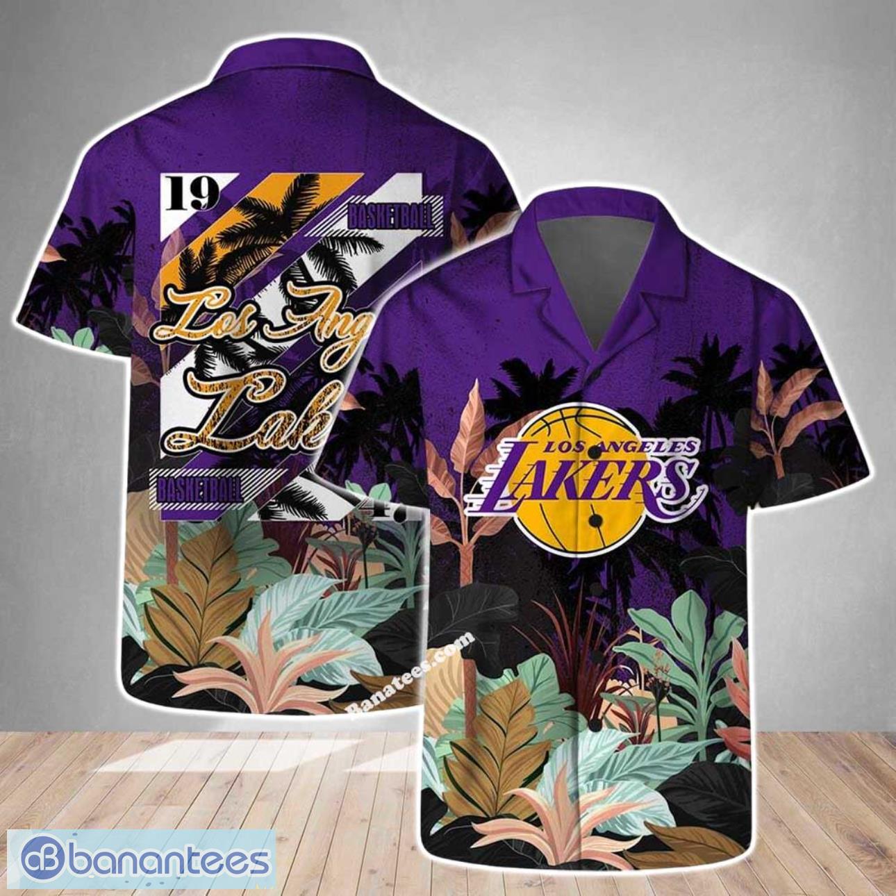 los angeles lakers team logo pattern tropical hawaiian shirt and short for men women image Los Angeles Lakers Team Logo Pattern Tropical Hawaiian Shirt And Short For Men Women Product Photo 1
