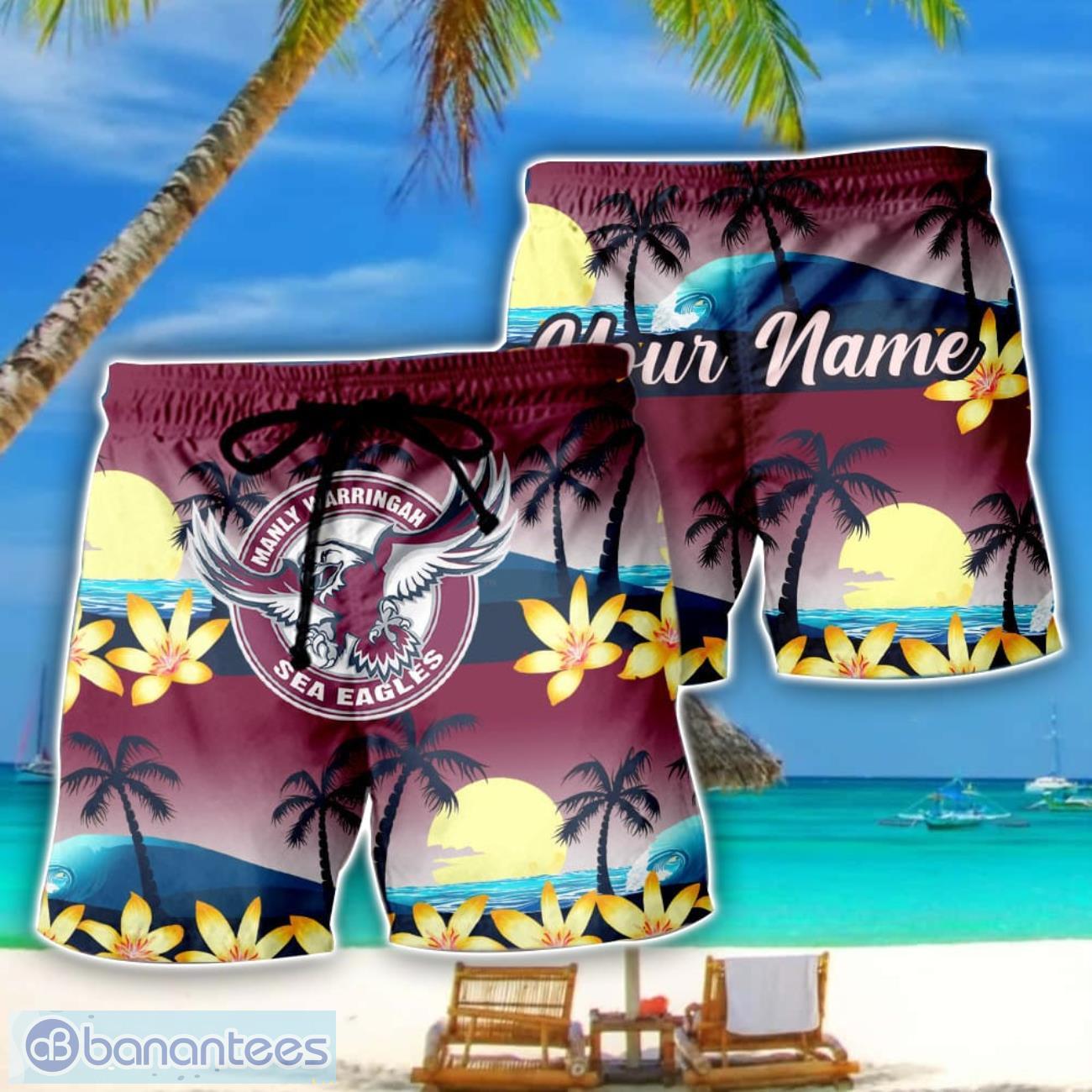 manly sea eagles nrl beach shorts personalized name image Manly Sea Eagles NRL Beach Shorts Personalized Name Product Photo 1
